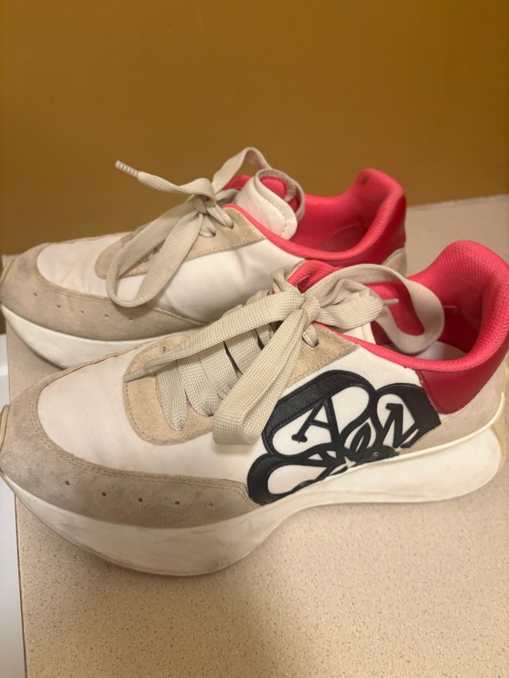 Alexander McQueen White, Beige and Pink Platform Sneakers with Black Logo